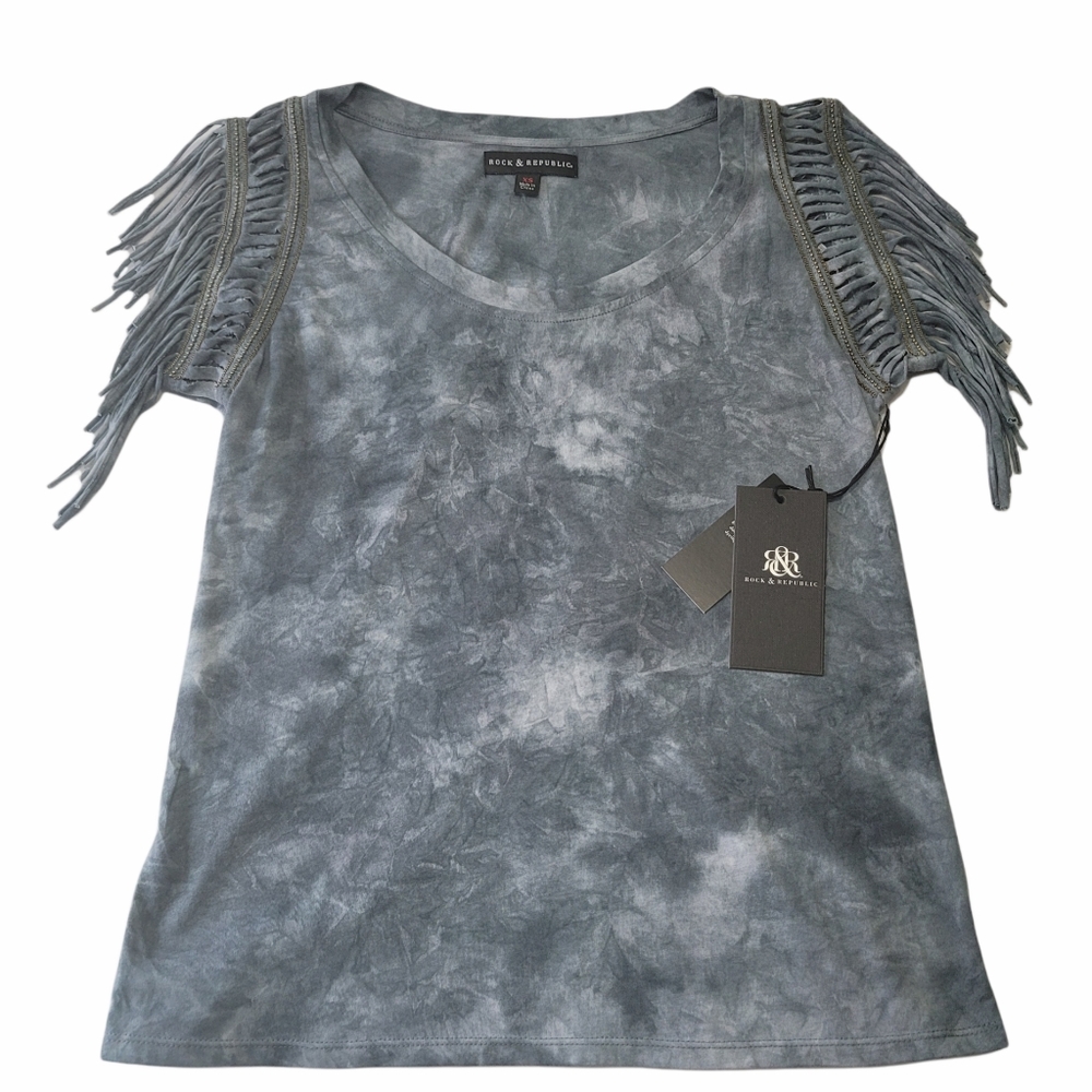 Rock and Republic Gray Tie Dye Fringe Top XS NWT